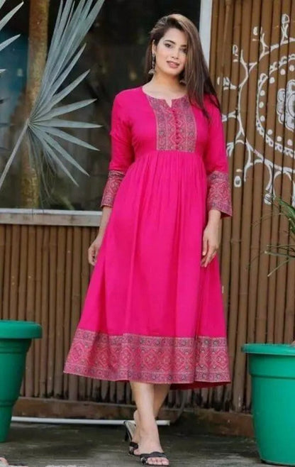 Pink rayon printed anarkali kurti