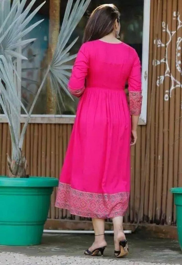 Pink rayon printed anarkali kurti