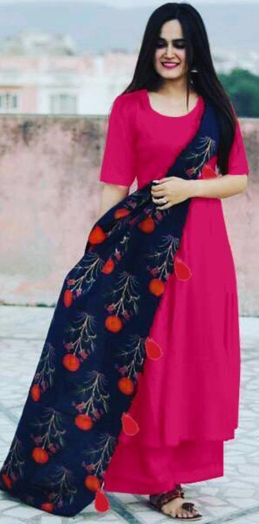 Pink Reyon cotton casual plazzo kurti with beautiful dupatta