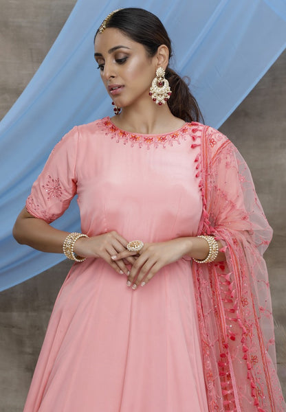 Pink santoon embroidered anrkali gown