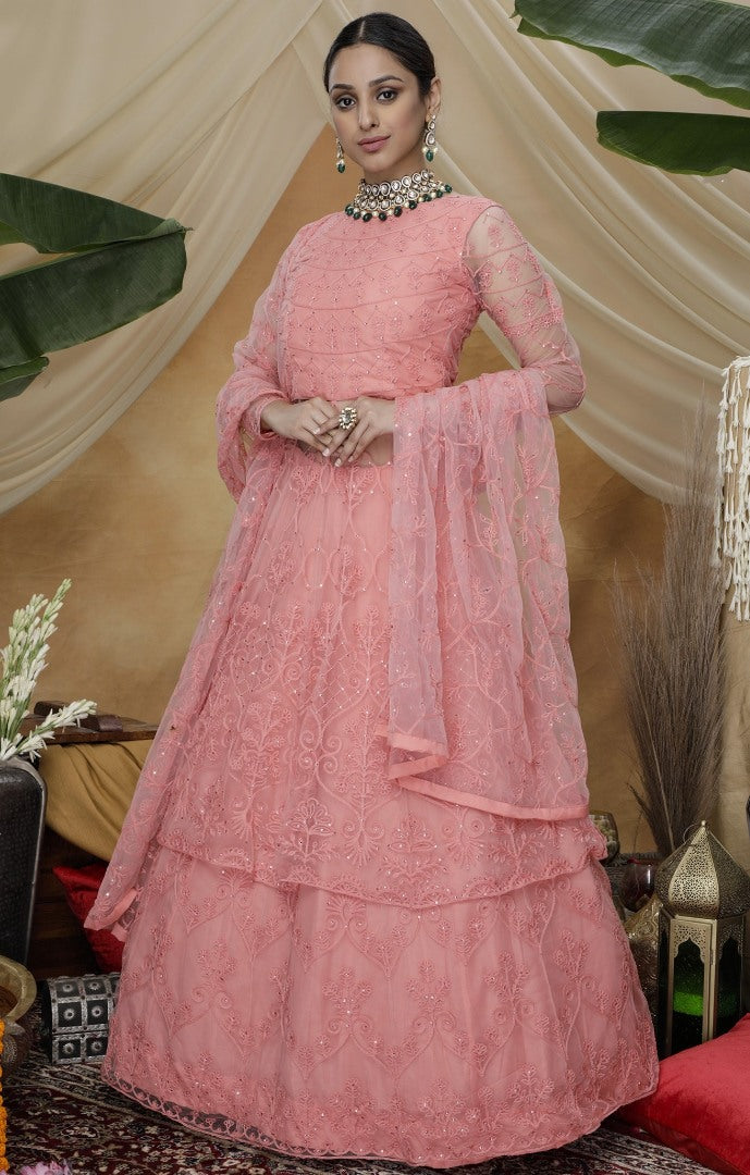 Pink santoon net embroidered lehenga gown
