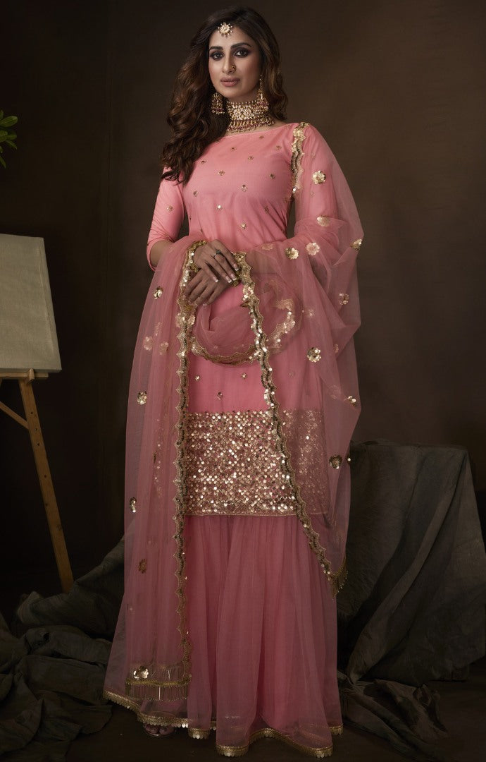 Pink soft net sequence work party wear sharara salwar suit