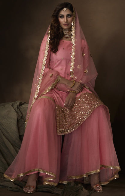 Pink soft net sequence work party wear sharara salwar suit