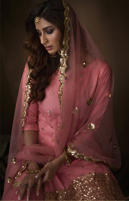 Pink soft net sequence work party wear sharara salwar suit