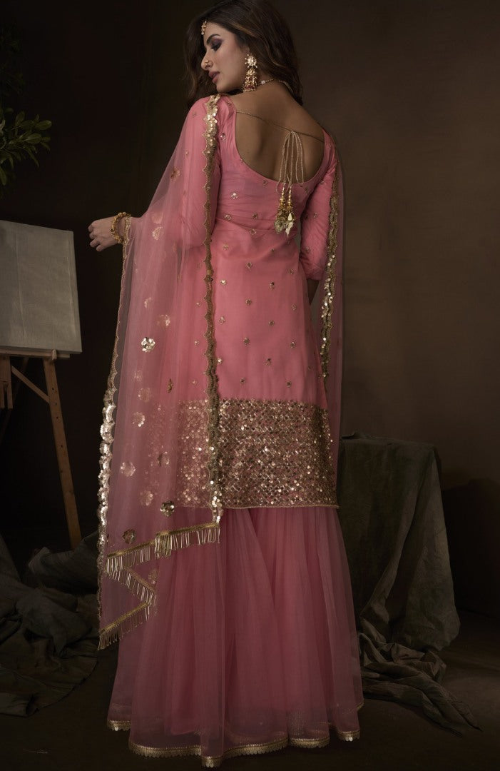 Pink soft net sequence work party wear sharara salwar suit