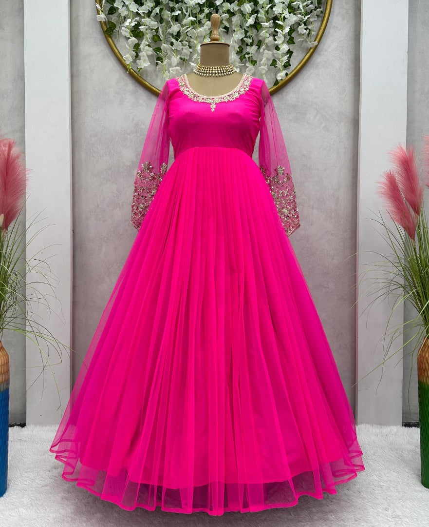 Pink soft net thread sequence work evening gown