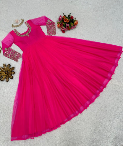 Pink soft net thread sequence work evening gown