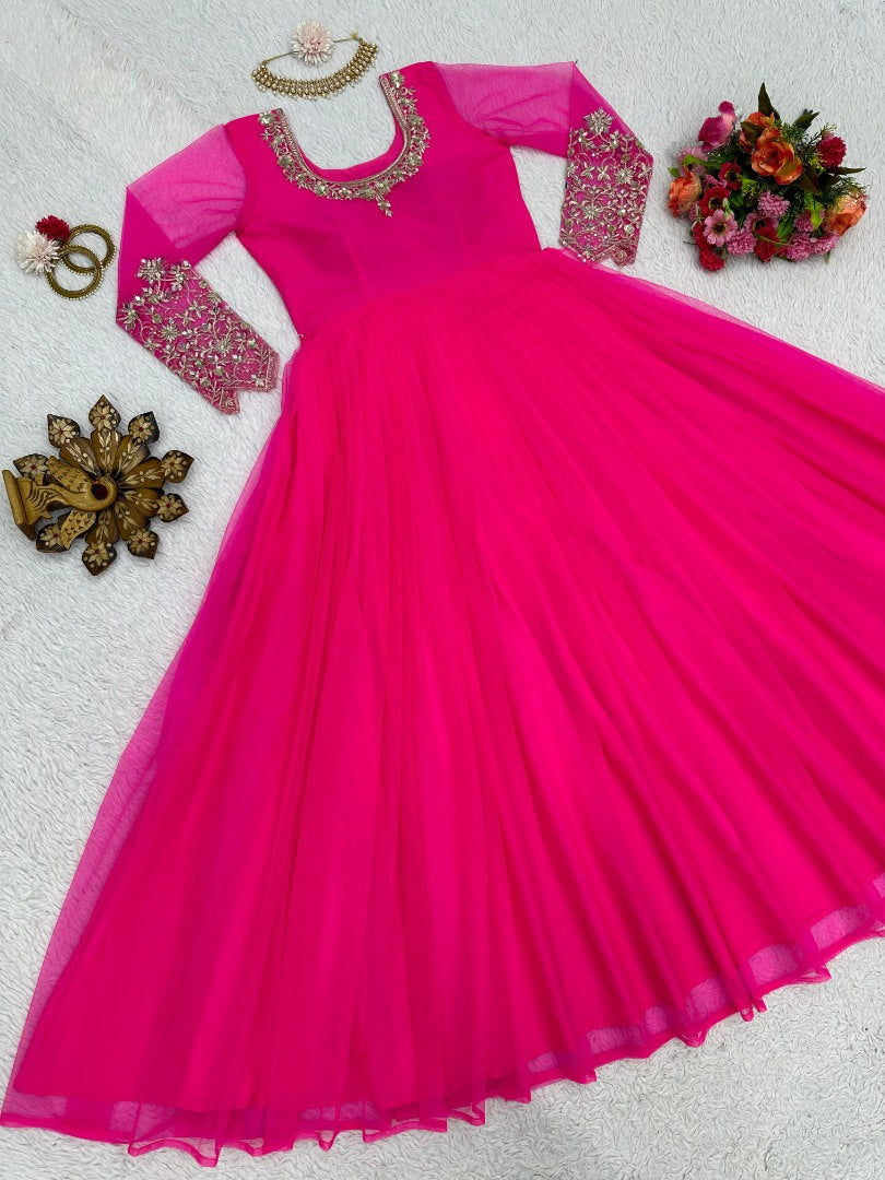 Pink soft net thread sequence work evening gown