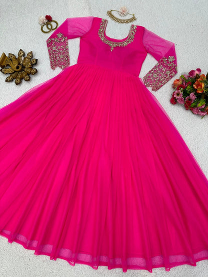 Pink soft net thread sequence work evening gown