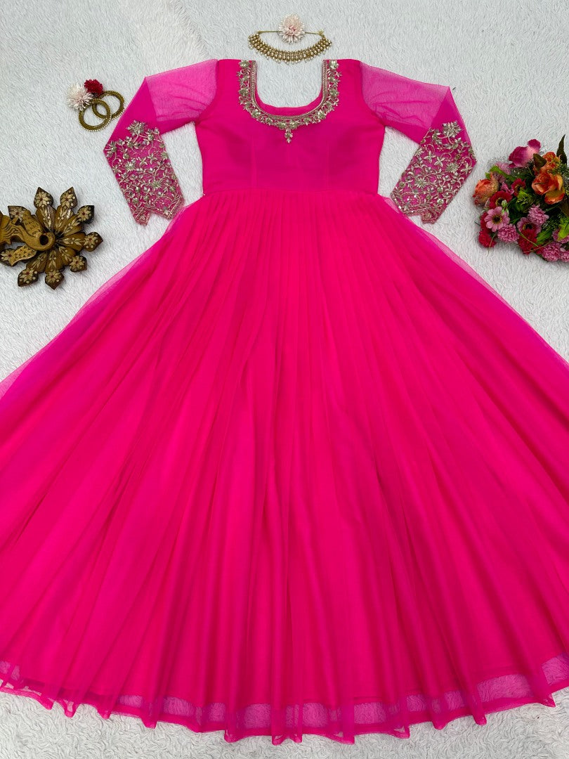 Pink soft net thread sequence work evening gown