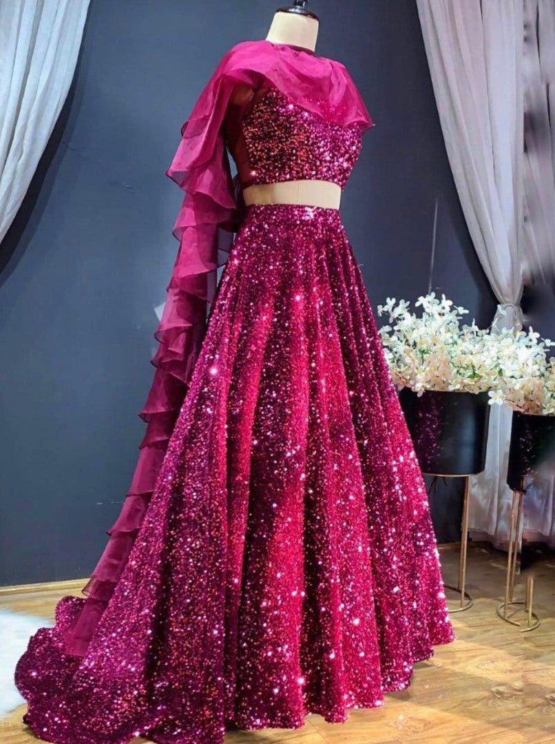 Pink velvet heavy sequence work wedding lehenga choli