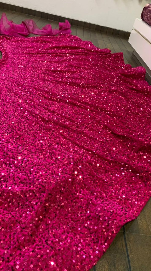 Pink velvet heavy sequence work wedding lehenga choli