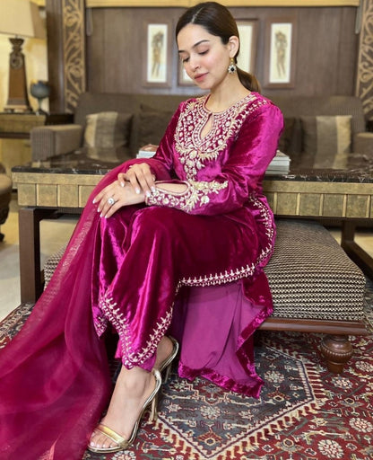 Pink velvet wedding palazzo suit