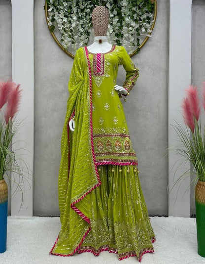 Pista georgette thread sequence work wedding sharara suit