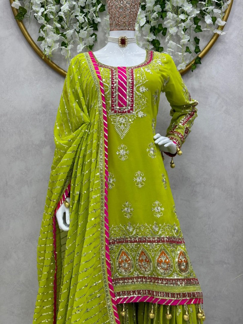 Pista georgette thread sequence work wedding sharara suit