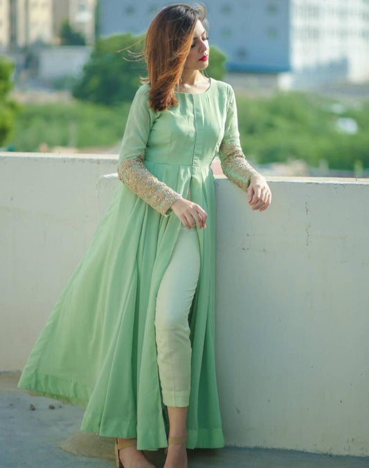 Pista green american silk long kurti