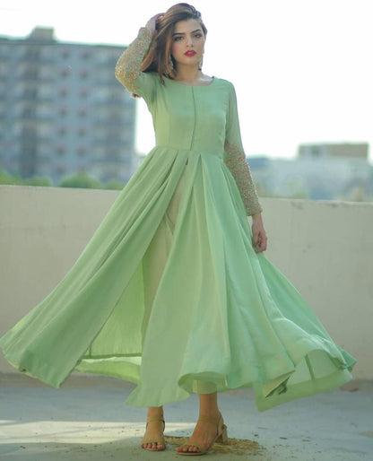 Pista green american silk long kurti