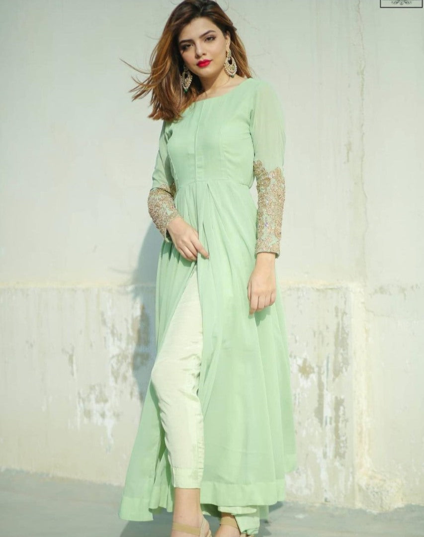 Pista green american silk long kurti