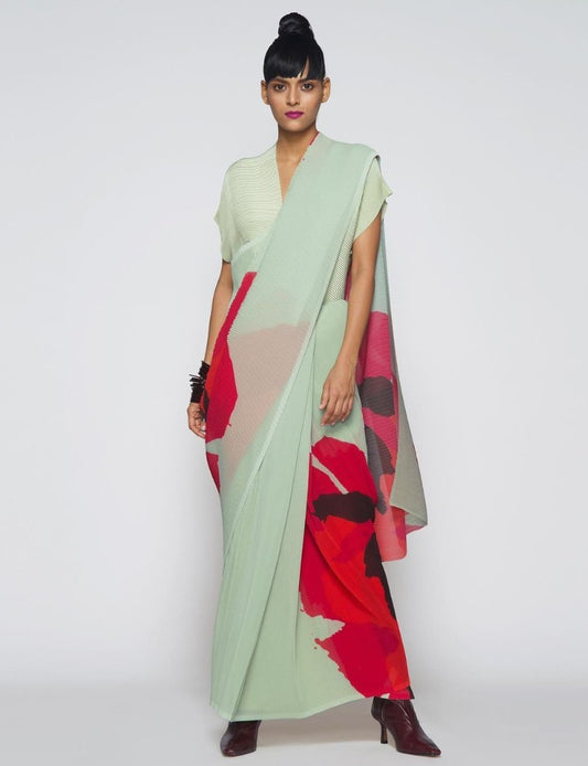 Pista green and red georgette printed pleated saree