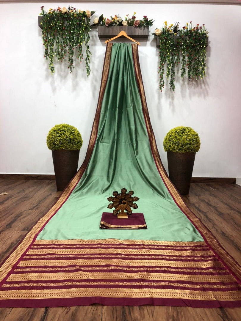 Pista green banarasi silk jacquard work saree