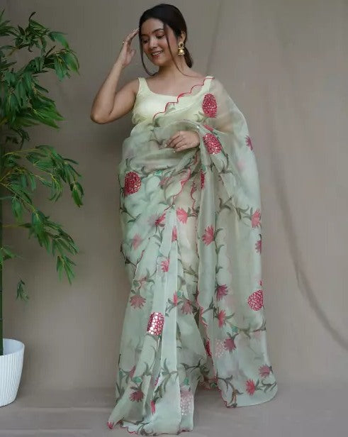 Pista green floral printed girlish organza saree
