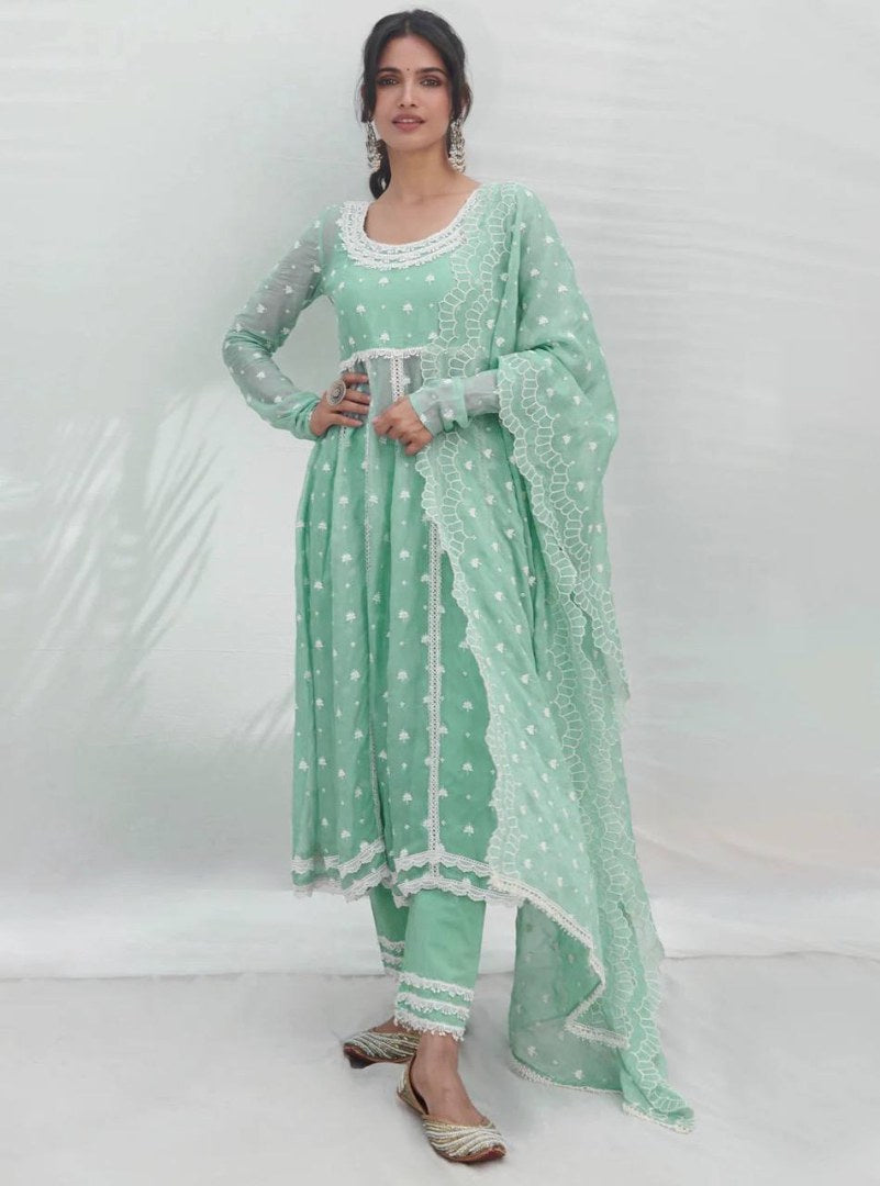 Pista green georgette embroidery work pant suit