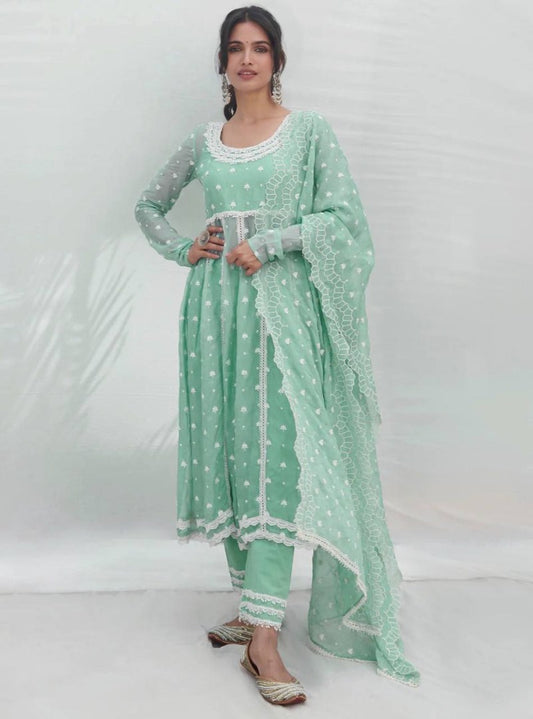 Pista green georgette embroidery work pant suit