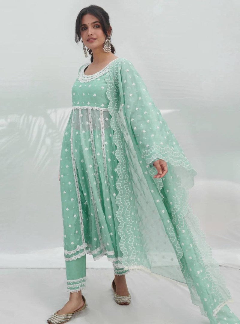 Pista green georgette embroidery work pant suit