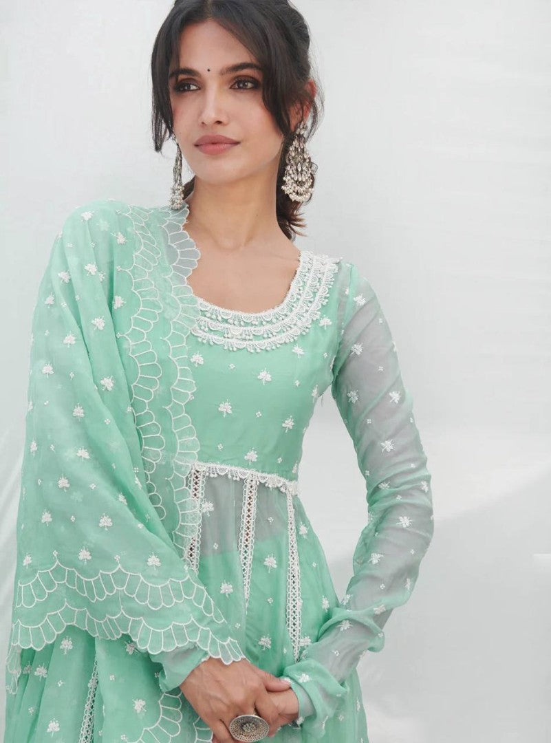 Pista green georgette embroidery work pant suit