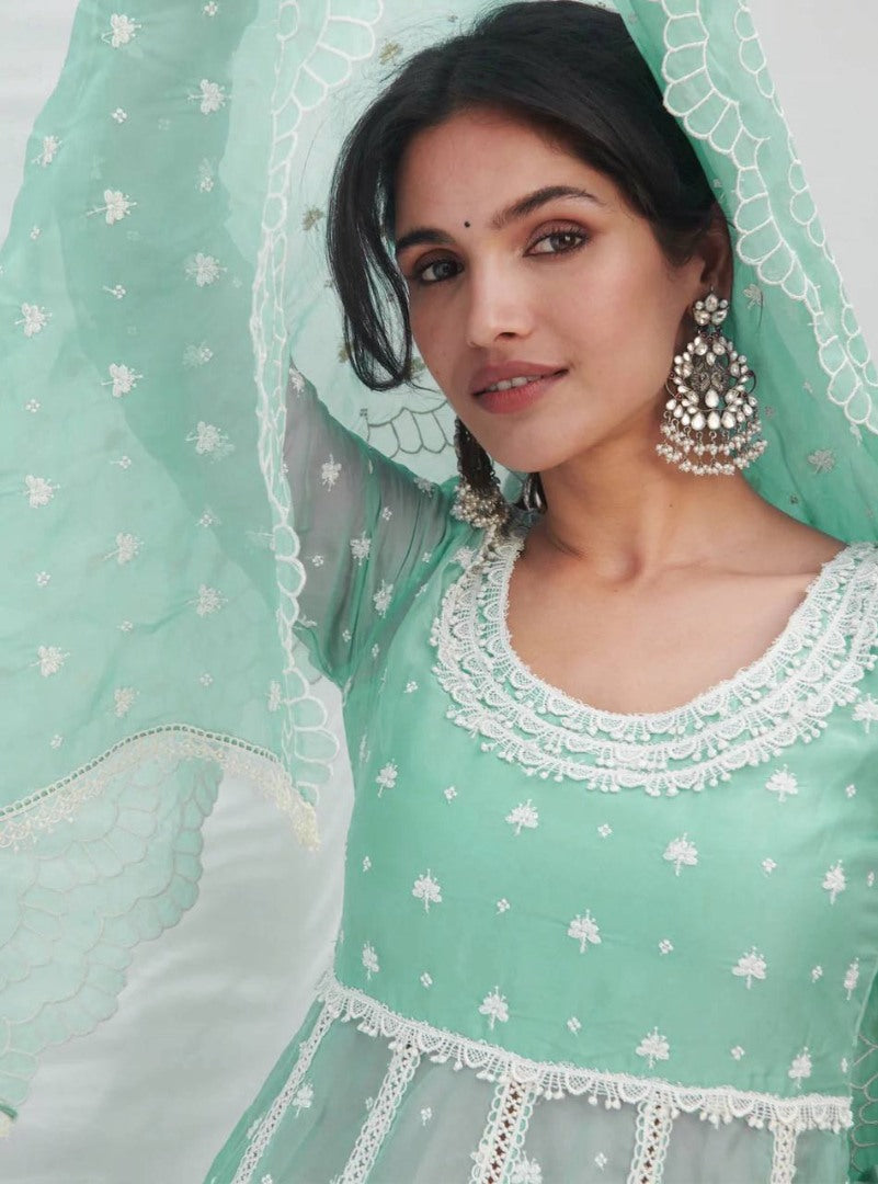 Pista green georgette embroidery work pant suit