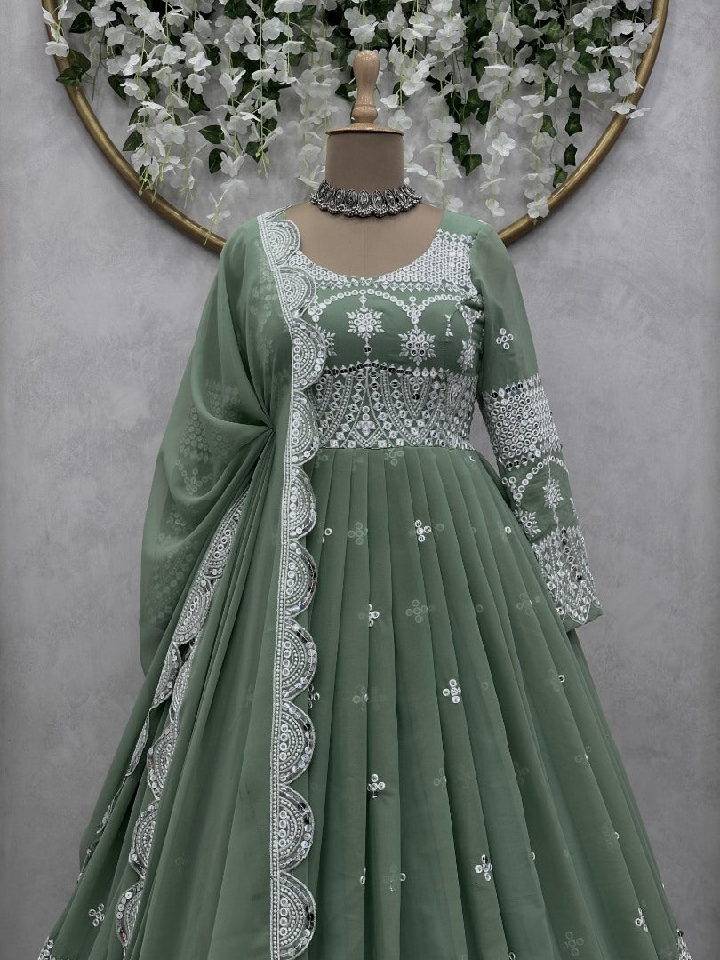 Pista green georgette heavy work long wedding anarkali gown