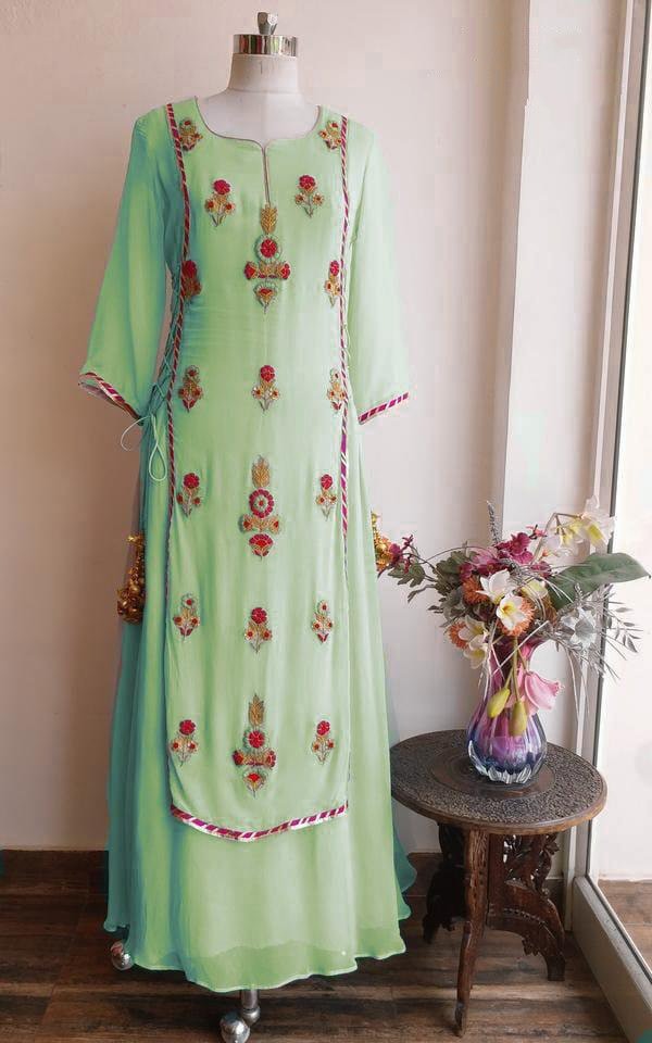 Pista green georgette multi embroidered plazzo suit