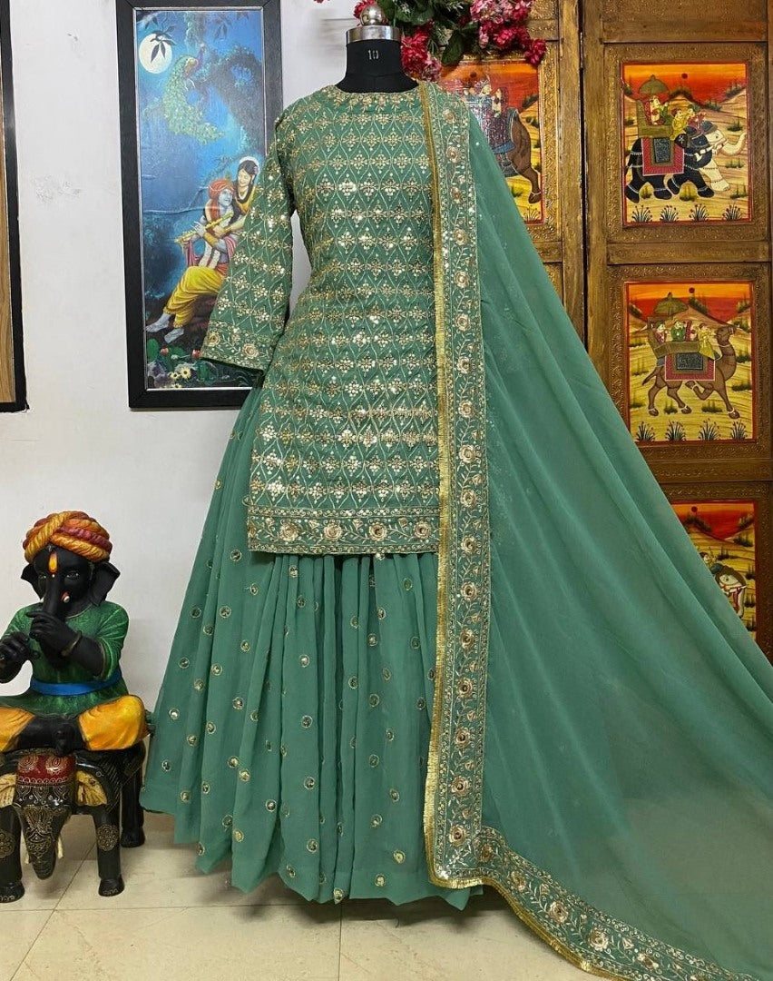 Pista green georgette sequence thread work lehenga suit