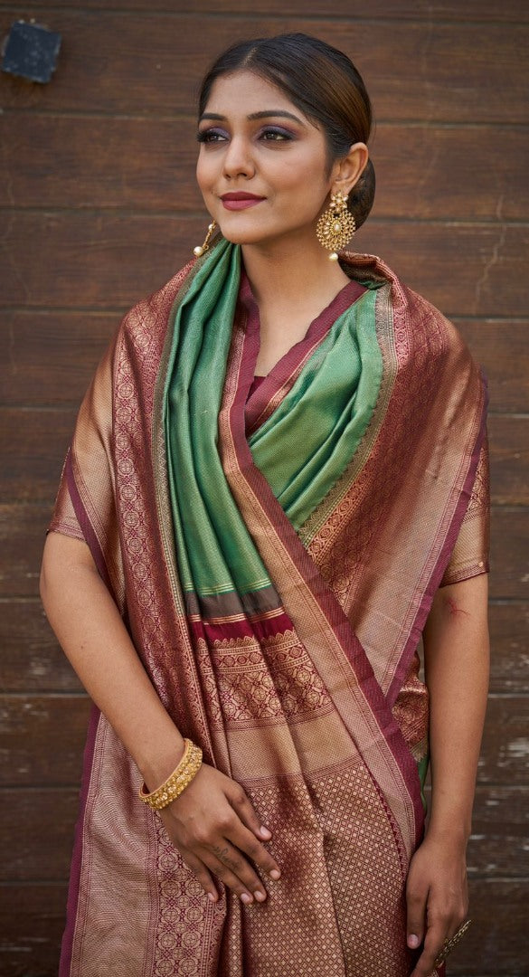 Pista green jacquard weaving banarasi silk saree for wedding