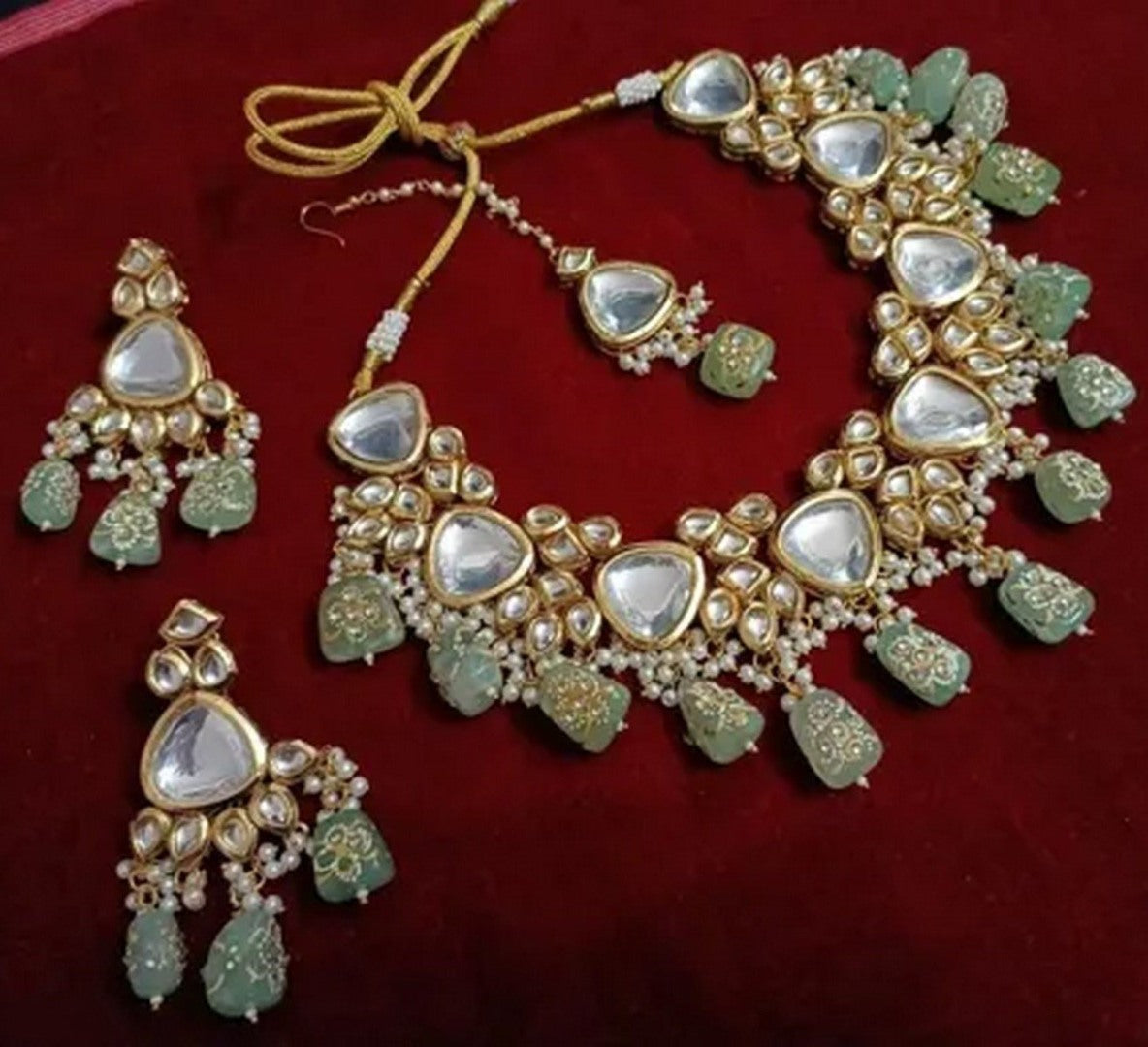 Pista Green Kundan Necklace Set With Earring For Women