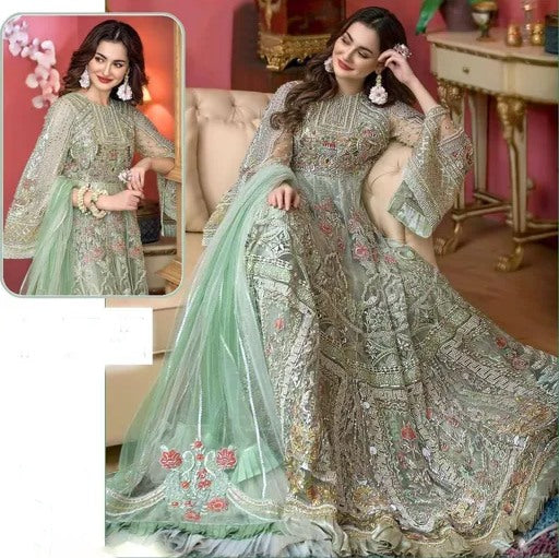 Pista green Net embroidery work Pakistani Suit