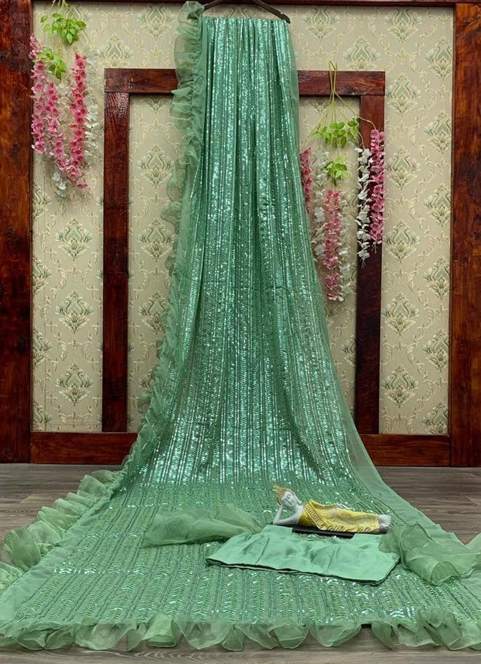 Pista green organza georgette sequence embroidered saree