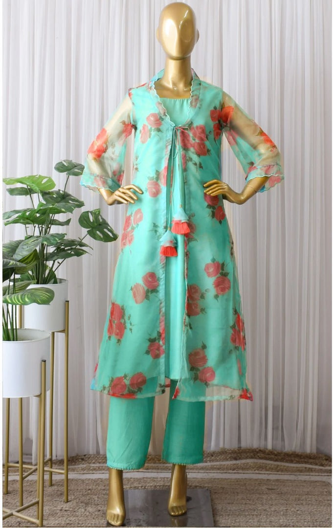Pista green organza silk printed raksha bandhan special pant suit with shrug