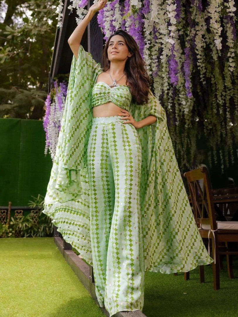 Pista green printed crepe silk indowestern palazzo suit with shrug koti