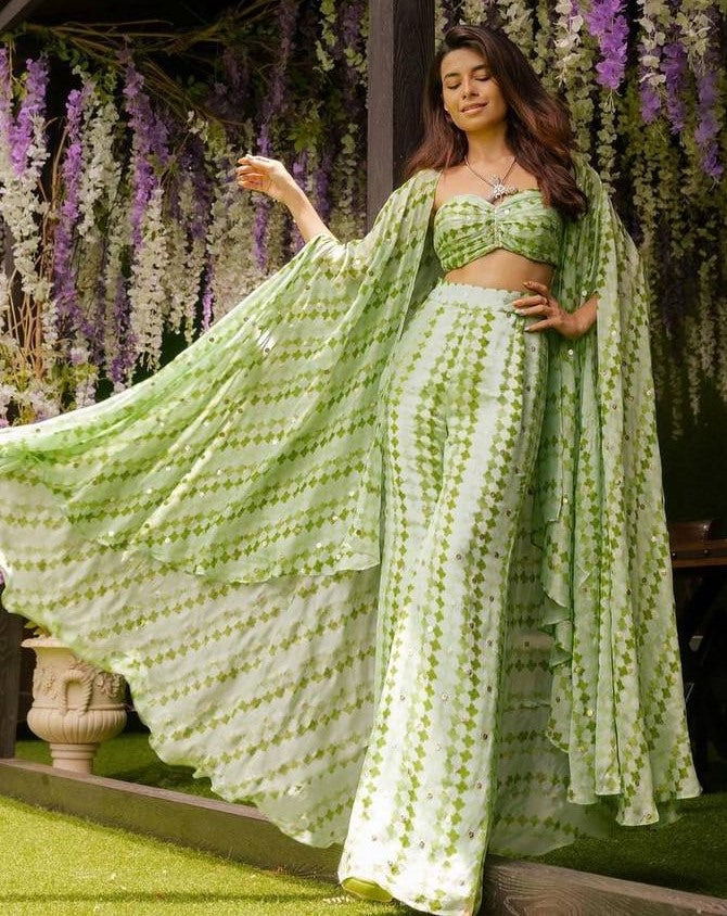 Pista green printed crepe silk indowestern palazzo suit with shrug koti