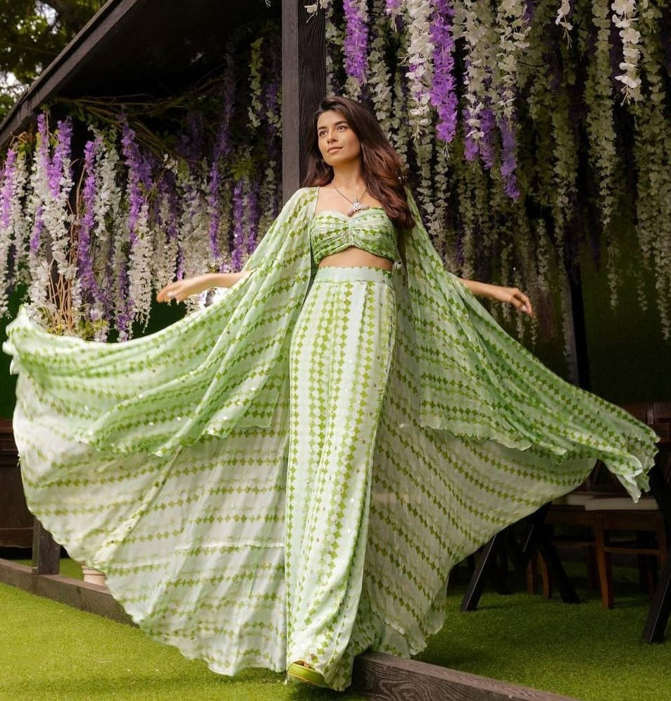 Pista green printed crepe silk indowestern palazzo suit with shrug koti