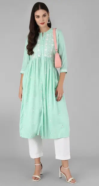 Pista green rayon chikankari work short kurti