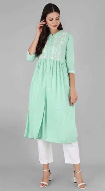 Pista green rayon chikankari work short kurti