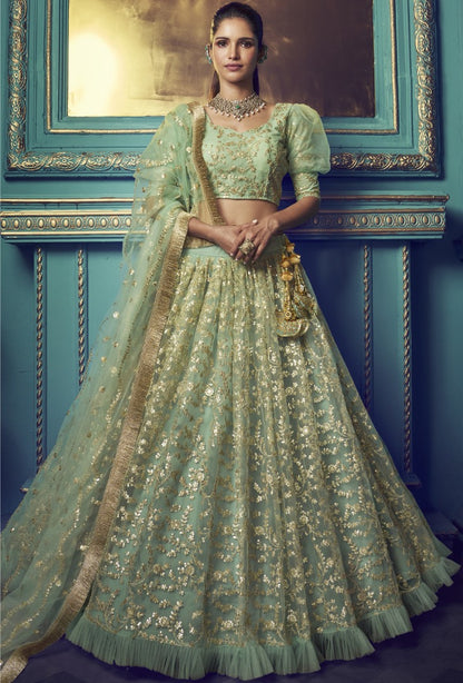 Pista green soft net sequence work bridal lehenga choli