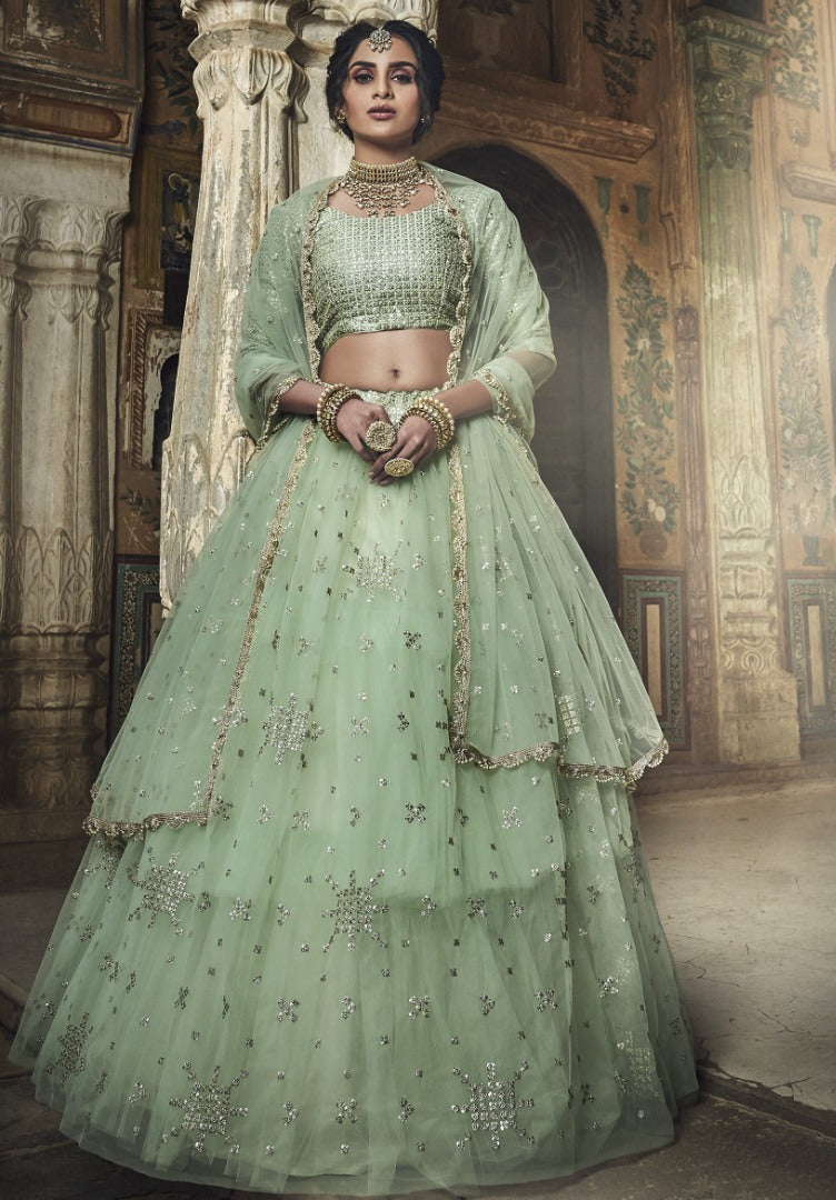 Pista green soft net zari and sequence work bridal lehenga choli