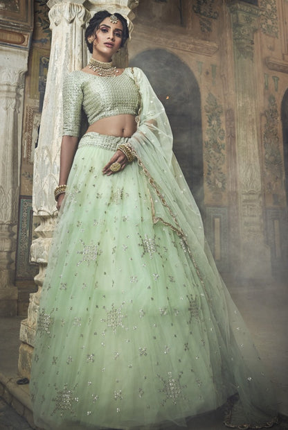 Pista green soft net zari and sequence work bridal lehenga choli