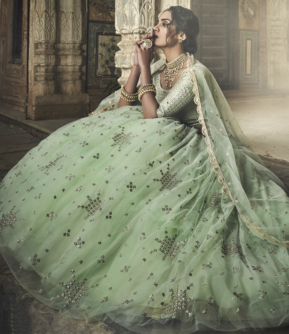 Pista green soft net zari and sequence work bridal lehenga choli