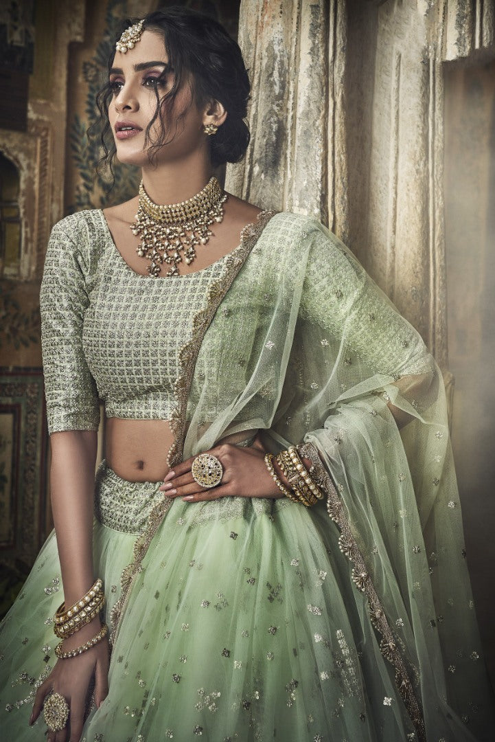 Pista green soft net zari and sequence work bridal lehenga choli