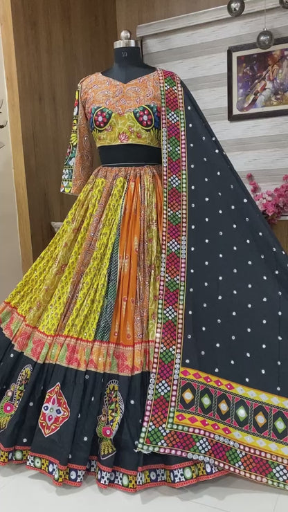 Yellow cotton print mirror work gujarati garba navratri lehenga choli