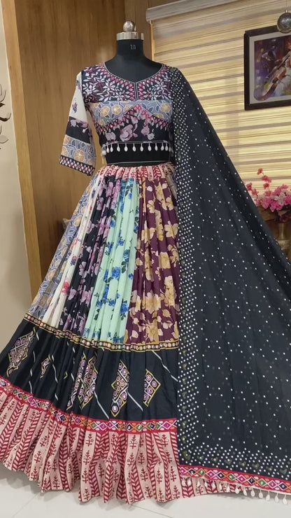 Multicolor cotton print mirror work navratri lehenga chaniya choli